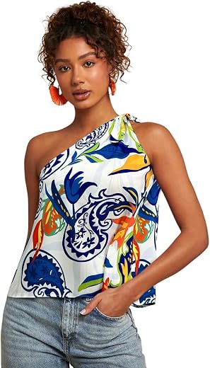 KATECLO Women One Shoulder Floral Printed Top | Stylish Asymmetrical Sleeveless Summer Casual Blouse | Soft Lightweight Tr...