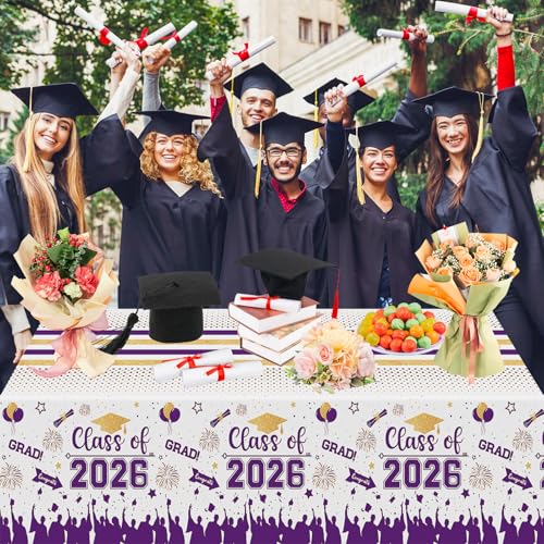 Image of Graduation Decorations Class of 2026 Tablecloth - 3 Pcs Plastic Congrats Grad Table Cloth, Graduation Table Cover for Graduations Party Decorations 2026 and Party Supplies, 54 inchx108 inch (Purple and Gold)