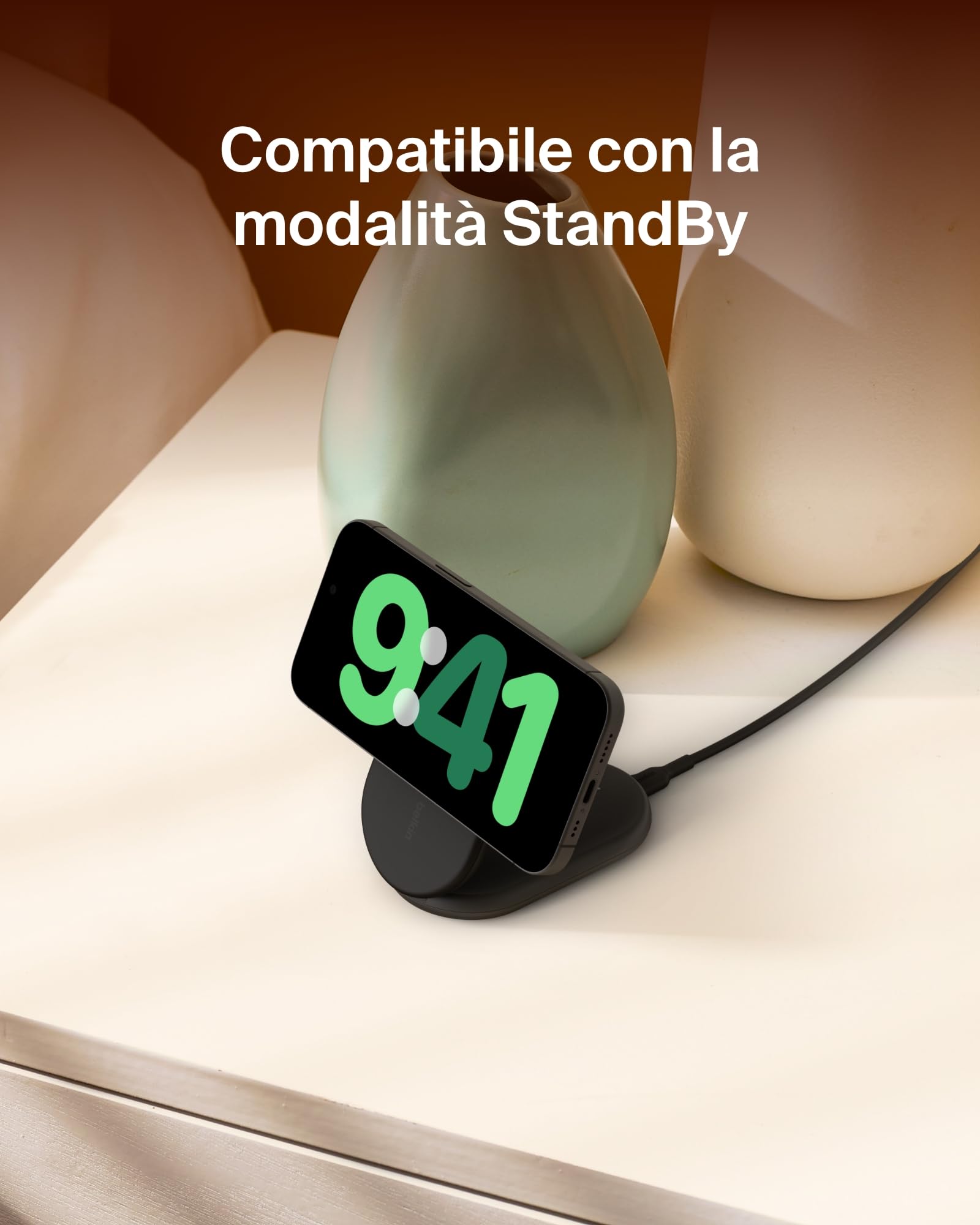 Belkin BoostCharge Caricabatteria Wireless Magnetico e pieghevole Qi2 da 15W, Caricatore Rapido portatile Compatibile con MagSafe e StandBy, per iPhone 17, Air, Pixelsnap - Alimentatore incluso - Nero