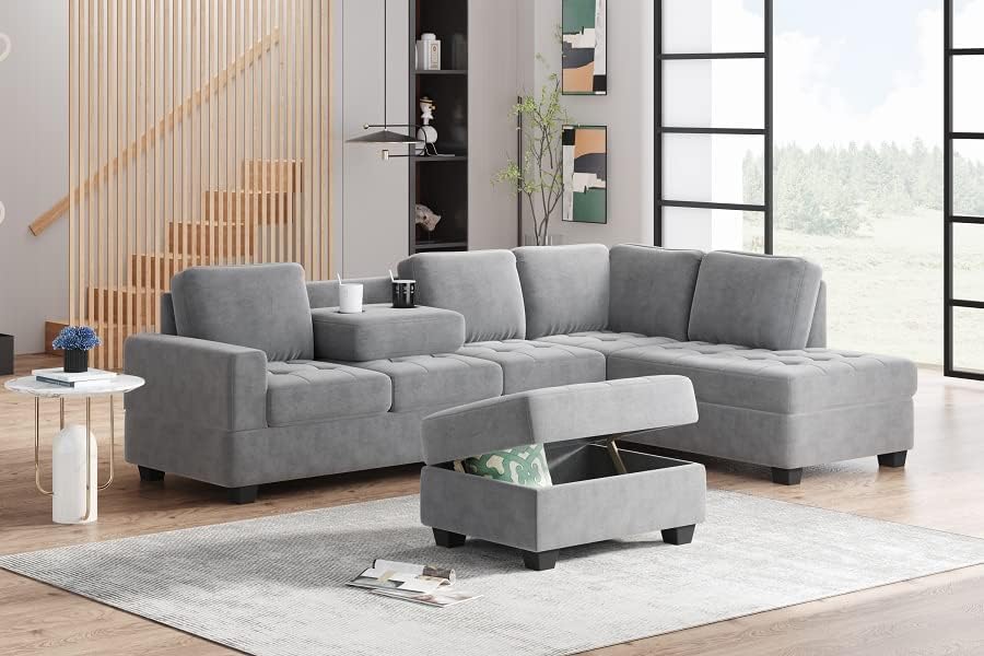 Camden Gray Velvet L-Shaped Sectional Sofa with Reversible Chaise and with Storage Ottoman