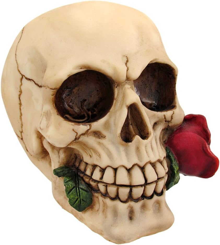 Gothic Human Skull Statue W/ Rose In Mouth Figure Goth