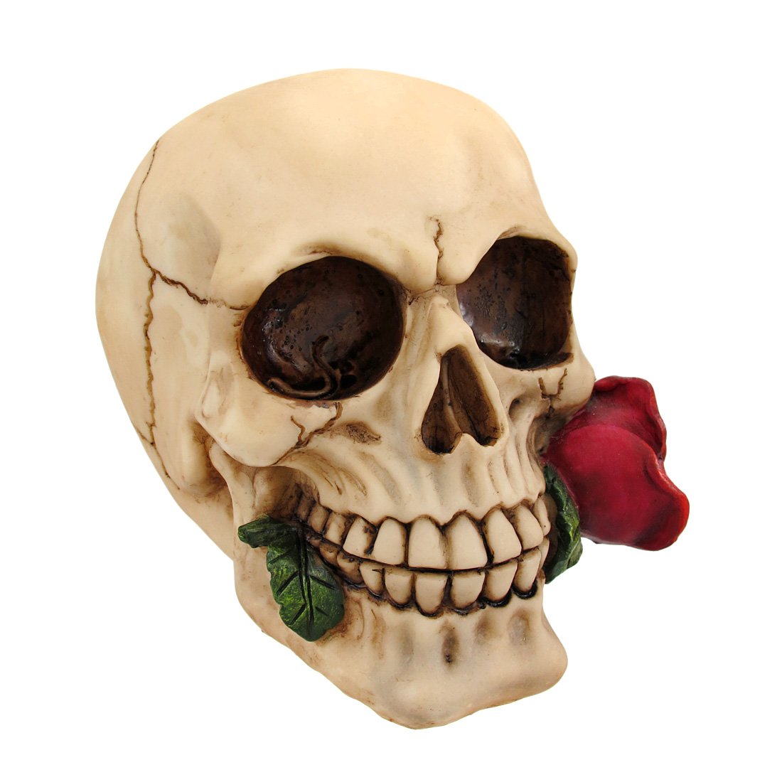 Gothic Human Skull Statue W/ Rose In Mouth Figure Goth