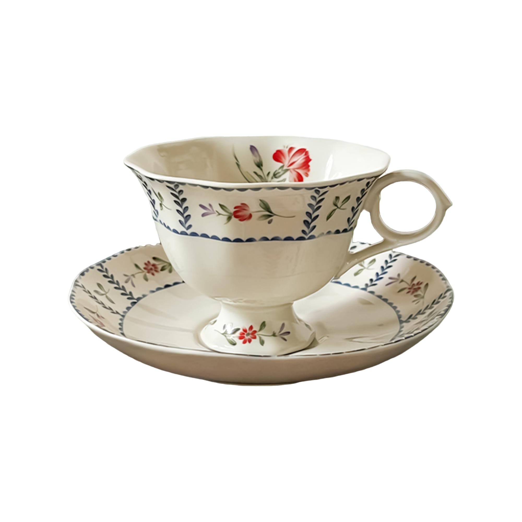 fanquare Floral Leave Tea Cup and Saucer Set 200ml British Retro Ceramic Coffee Cup and Plate, Afternoon Tea Party Gifts, Dishwasher Safe