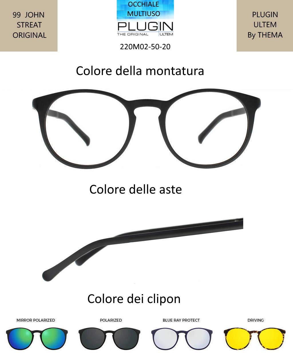 THEMA U-220 Colore M02 NERO OPACO - Fronte Ø 50 mm. Montatura per occhiali da vista e sole + 4 CLIP-ON Original “99 John St NYC” UNISEX