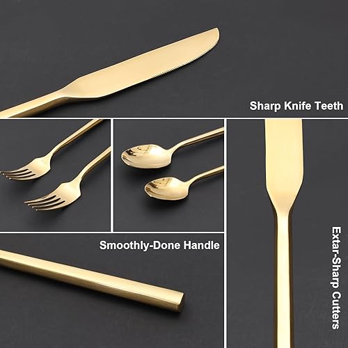 Miniatura 14 de Juego de cubiertos negros de acero inoxidable de 20 piezas, cubiertos con asa, moderno acabado espejo, servicio para 4, apto para lavavajillas