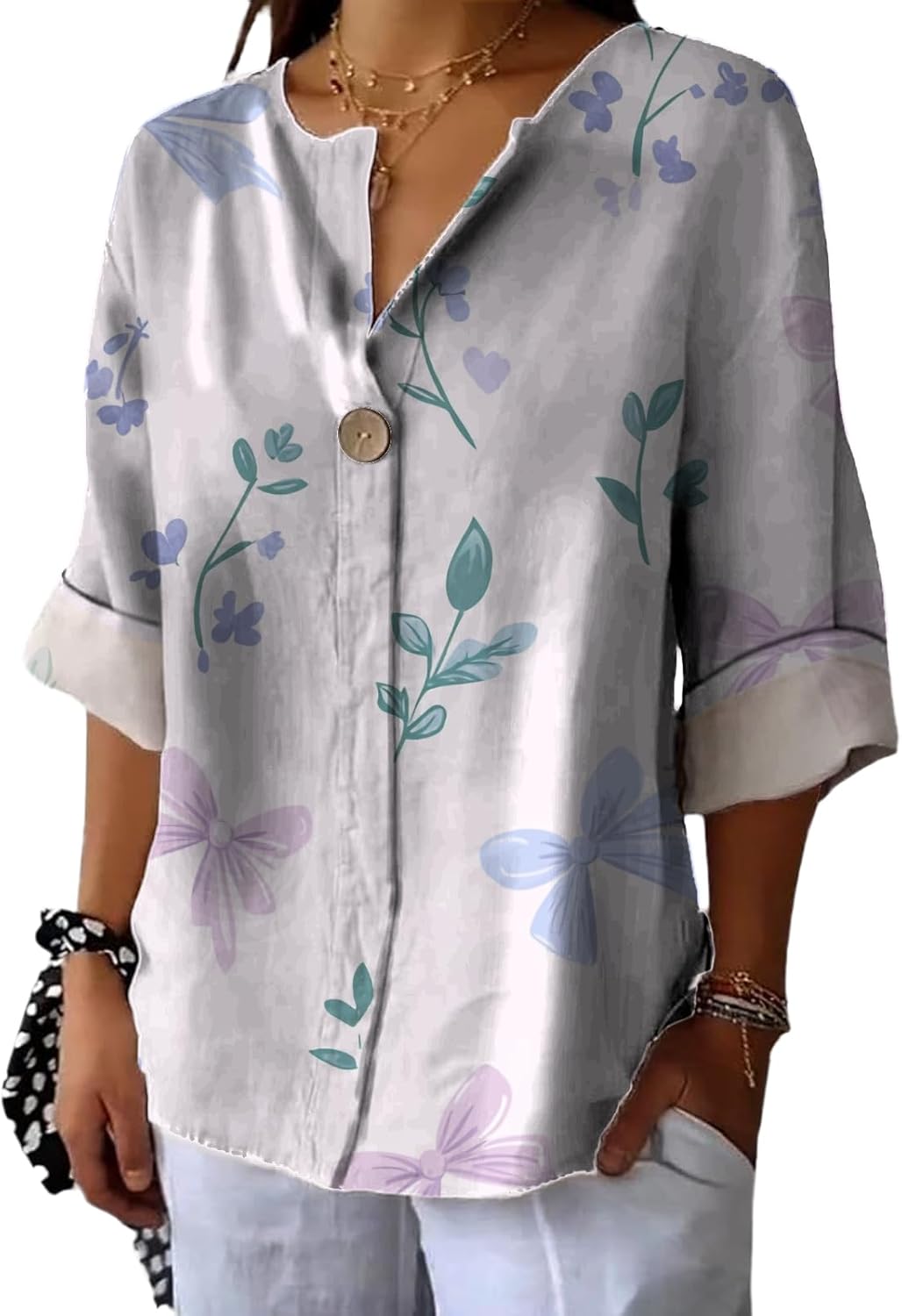 Teacher Tshirts Shirts for Women Vintage Floral Elegent Basic Tops Button Up Long S...