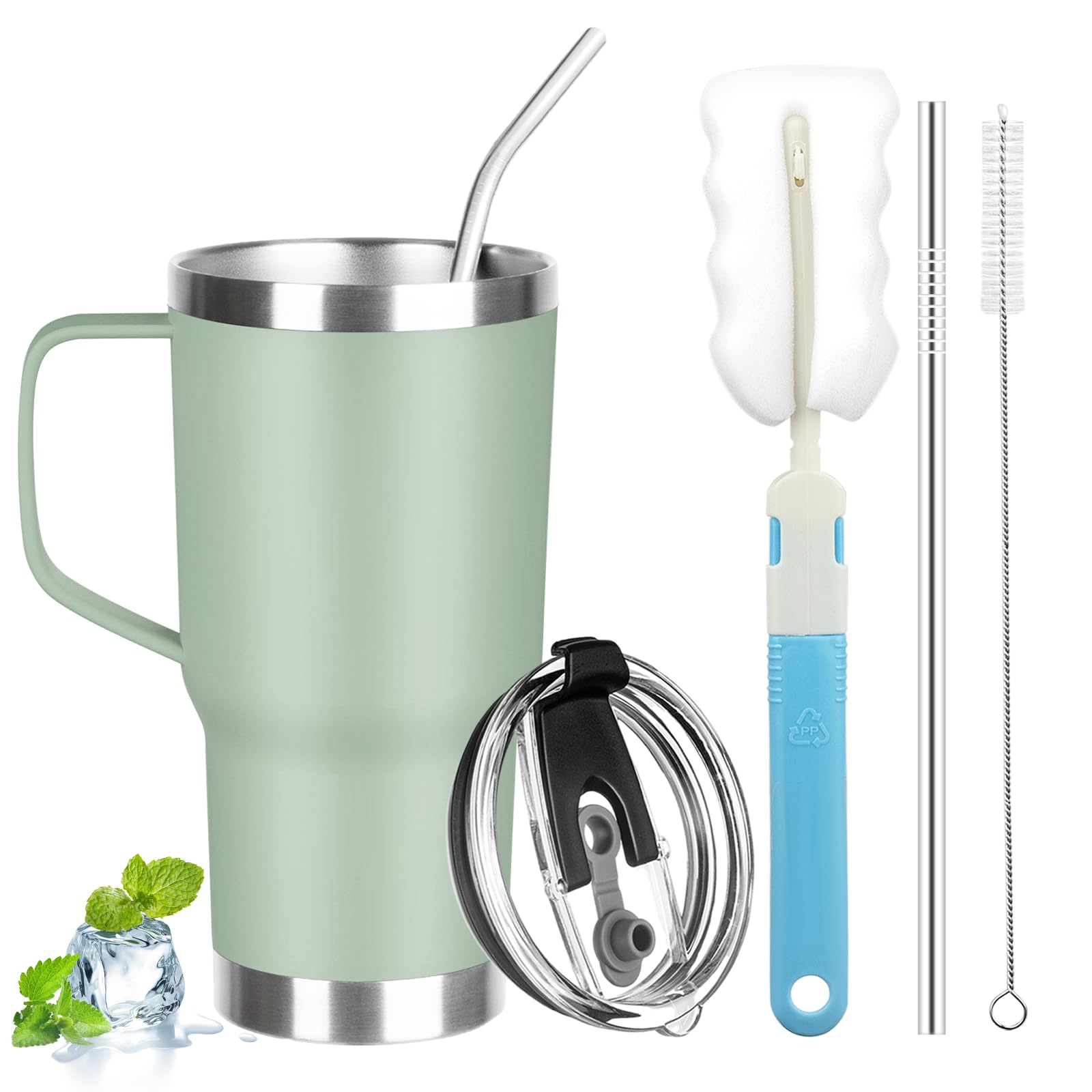 20 oz Tumbler with Handle, Stainless Steel Insulated Tumbler with Lid and Straw, Double Wall Vacuum Coffee Mug Tumbler, Insulated Coffee Thermal Cup for Cold and Hot (Matcha)