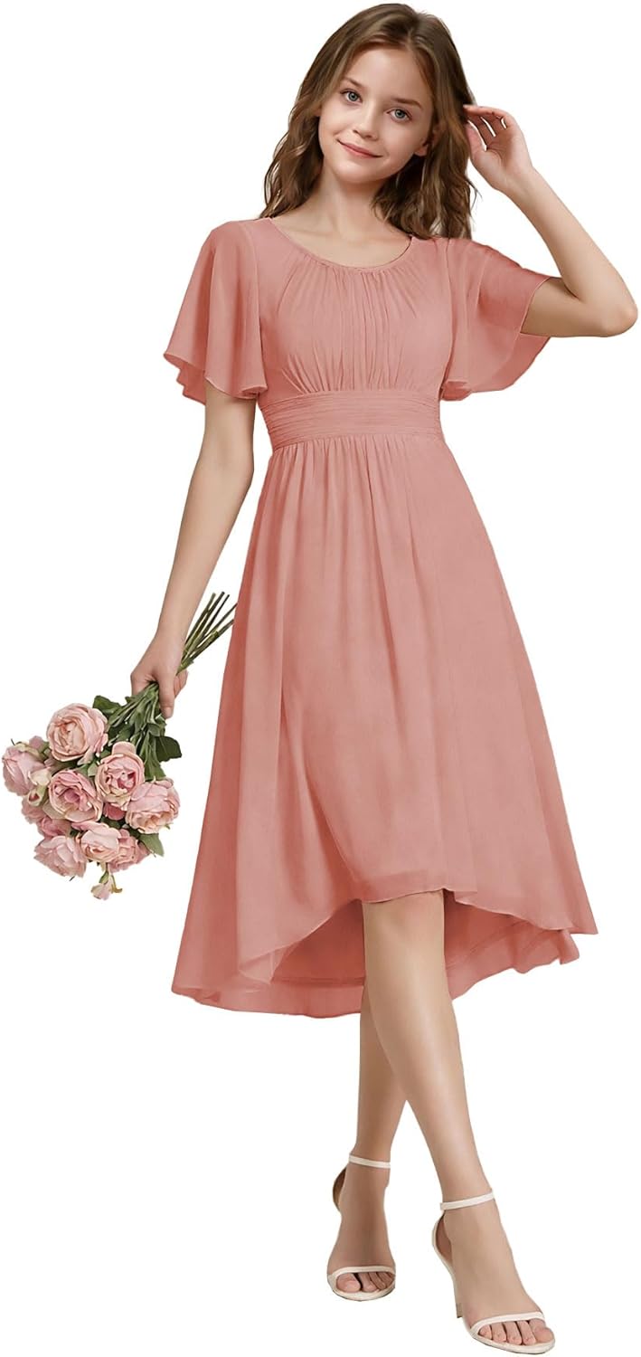 Short Sleeve Junior Bridesmaid Dresses Chiffon Flower Girl Dress Crew Neck Semi Formal Girls Wedding Guest Dresses