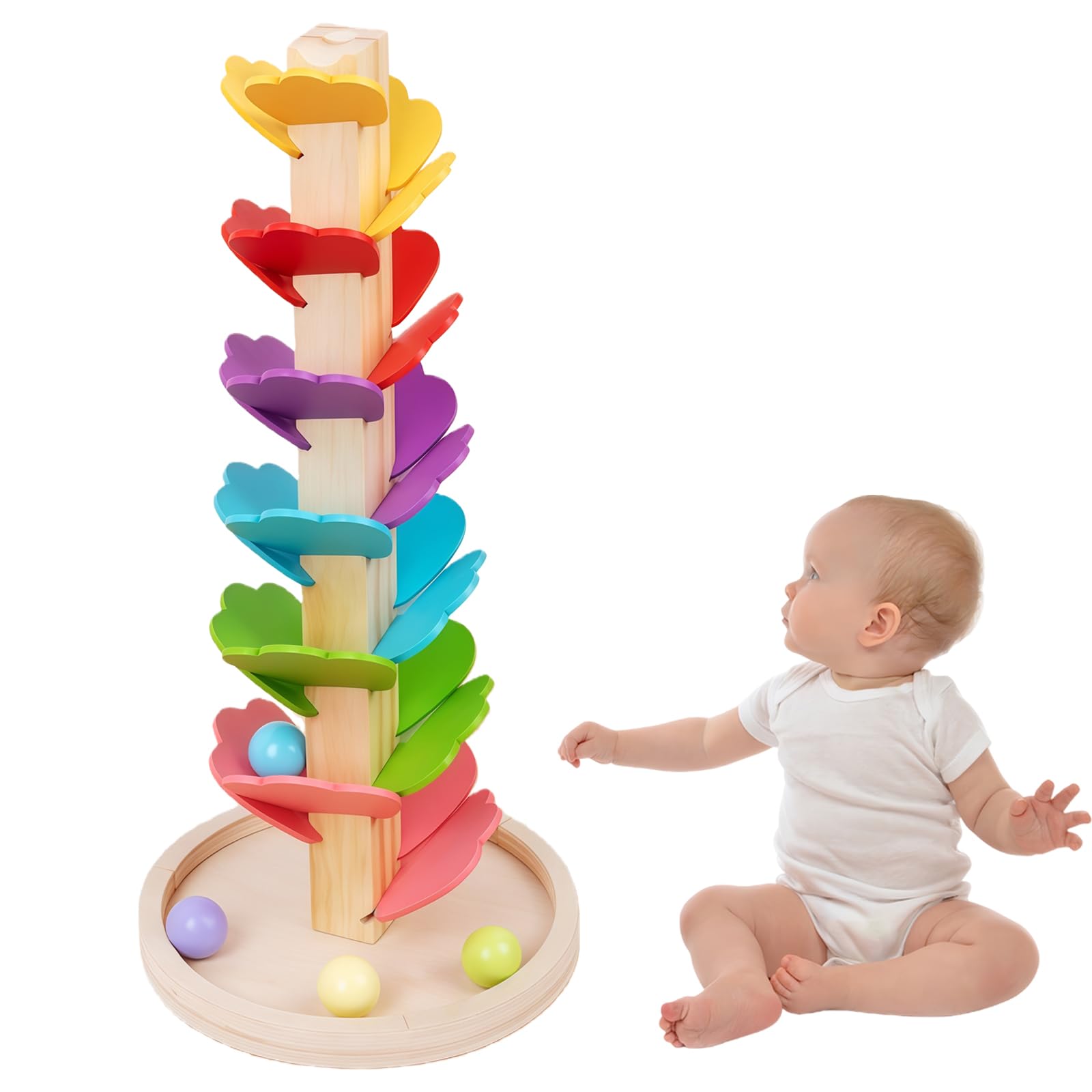 Montessori Sound Tree,QIANSSE Wooden Ball Drop Toy with Rolling Ball Tower Music Colorful Marble Tree Baby Ball Drop Toy for Kids Girls Boys Educational Sound Toys Wooden Music Tree Gift