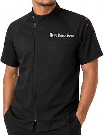ChefsCloset Personalized Jamison Mens Short Sleeve Chef Coat Embroidered Chef Jacket with Offset Zipper and Mesh Panels