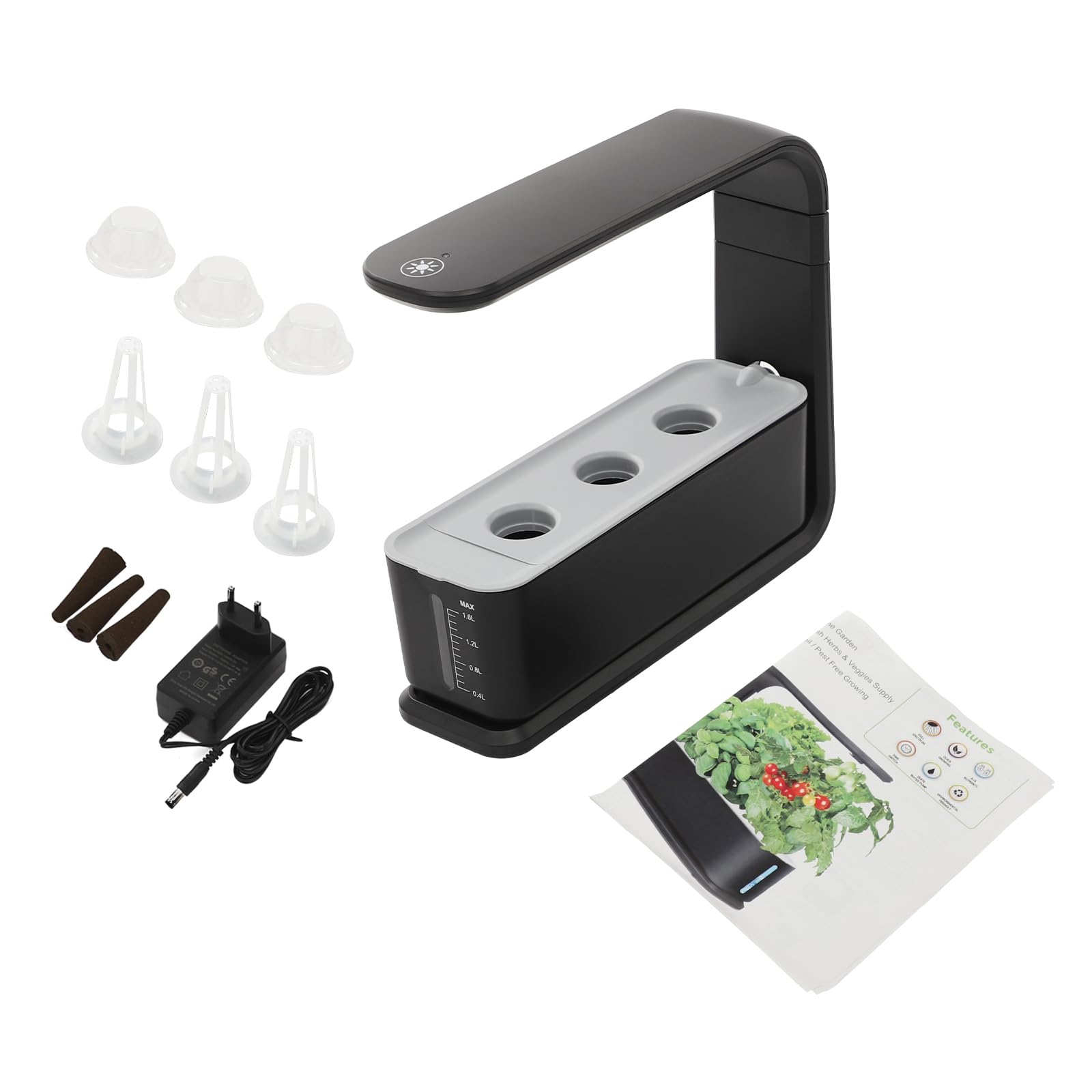 Kit de plantador hidropónico interior, Jarrón hidropónico con luz de crecimiento | Sistema de cultivo hidropónico con 3 cestas para plantar, hermosa estación de reproducción de plantas para el hogar (negro)