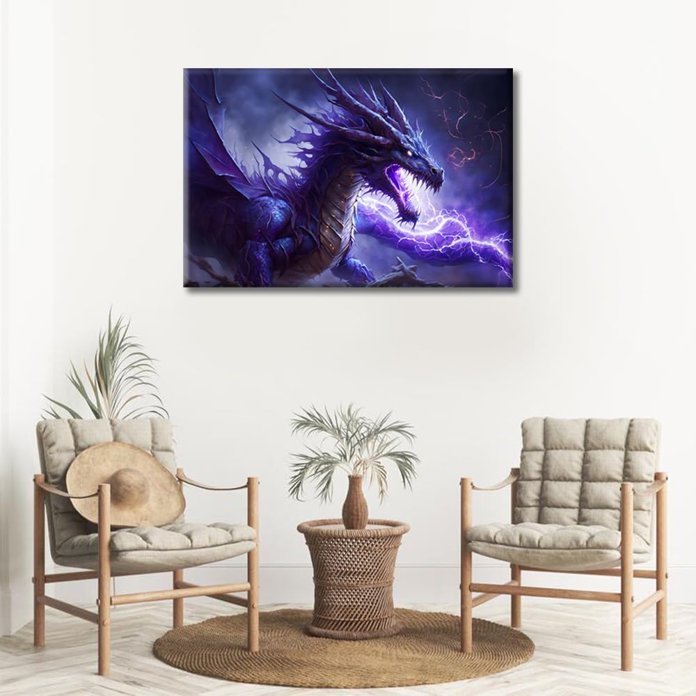 Purple Dragon Paintings Wall Art 1 Panels Purple Dragon with Lightning in the Clouds Paintings for Wall Decorations Dragon Wall Prints Giclee Print Gallery Packaging Artwork Ready to Hang 16"Wx24"H - Image 3