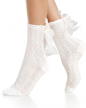 Benefeet Sox Ruffle Lace Socks with Bow Women White Black Mesh Cotton Socks