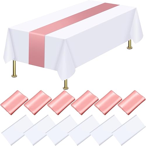 Juego de 12 manteles de plástico desechables y camino de mesa de satén, manteles de 54 x 108 pulgadas, manteles blancos de 12 x 108 pulgadas,