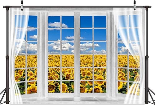 Miniatura 3 de Telón de fondo de campo de girasol, ventana, paisaje, granja, primavera, flores amarillas, cielo azul, fondo de poliéster de 5 x 3 pies para fotos,