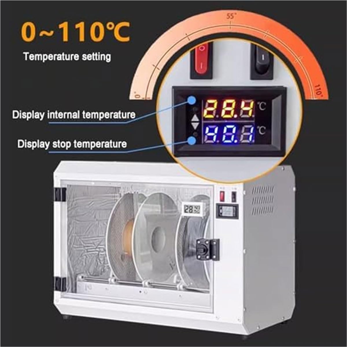 Suszarka do filamentów do drukarek 3D, suszarka do filamentów na 4 szpule z termometrem/higrometrem,regulacja temperatury w zakresie 0-70°C, do materiałów PLA PETG ABS o grubości 1,75 mm/2,85 mm