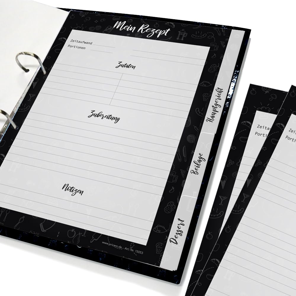 PRICARO Set completo di raccoglitori per ricette Doodles Black, formato A4, 8 pezzi