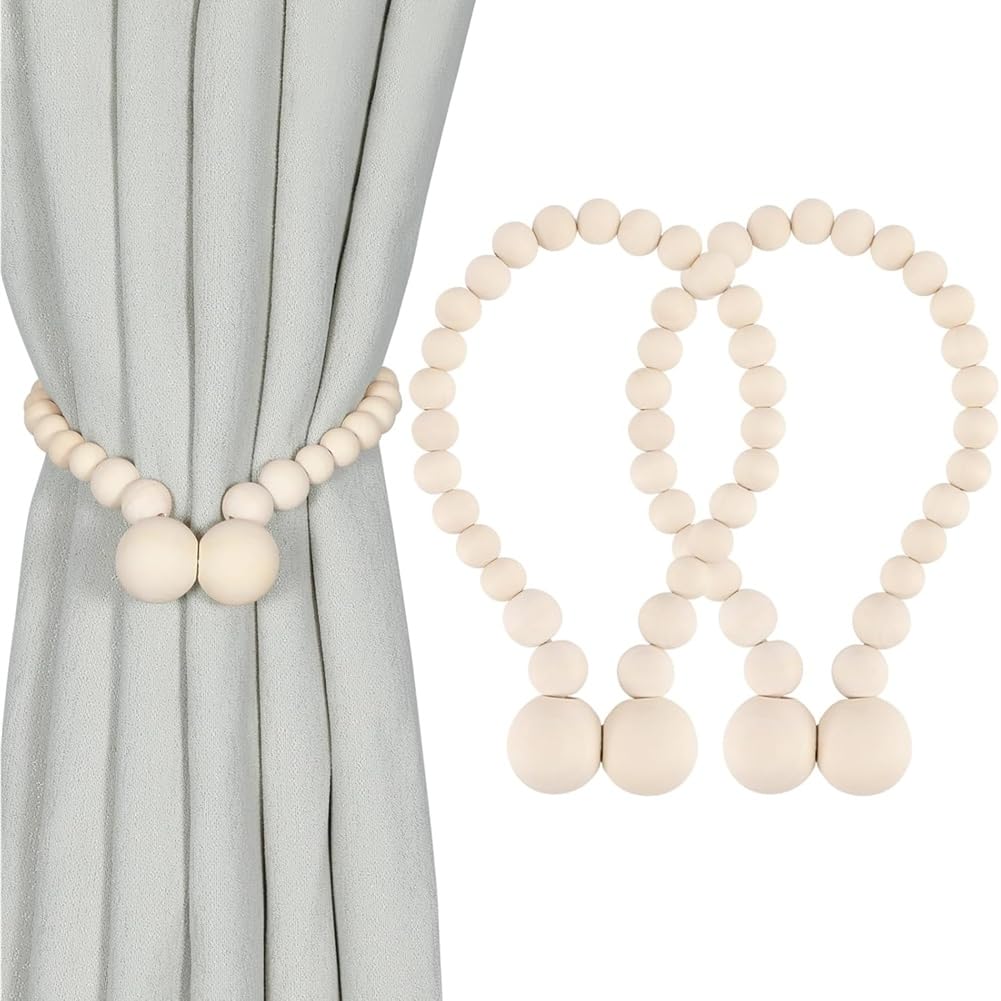 CTRLZS Curtain Tiebacks 2 Pcs, Wood Bead Holdbacks for Curtains 2-Pack, Holder for Boho Bedroom Decor