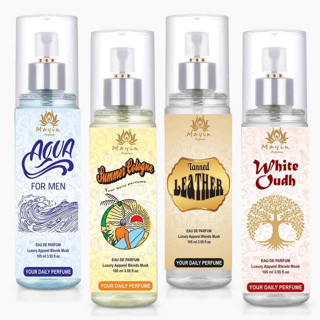 Mayin Aqua Summer Cologne Tanned Leather White Oudh Eau De Perfume | Natural Long-Lasting Fresh Fragrance Scent | Unisex Aromatic Spray Ideal for Daily Use and Special Occasion, 420ml (Pack of 4)