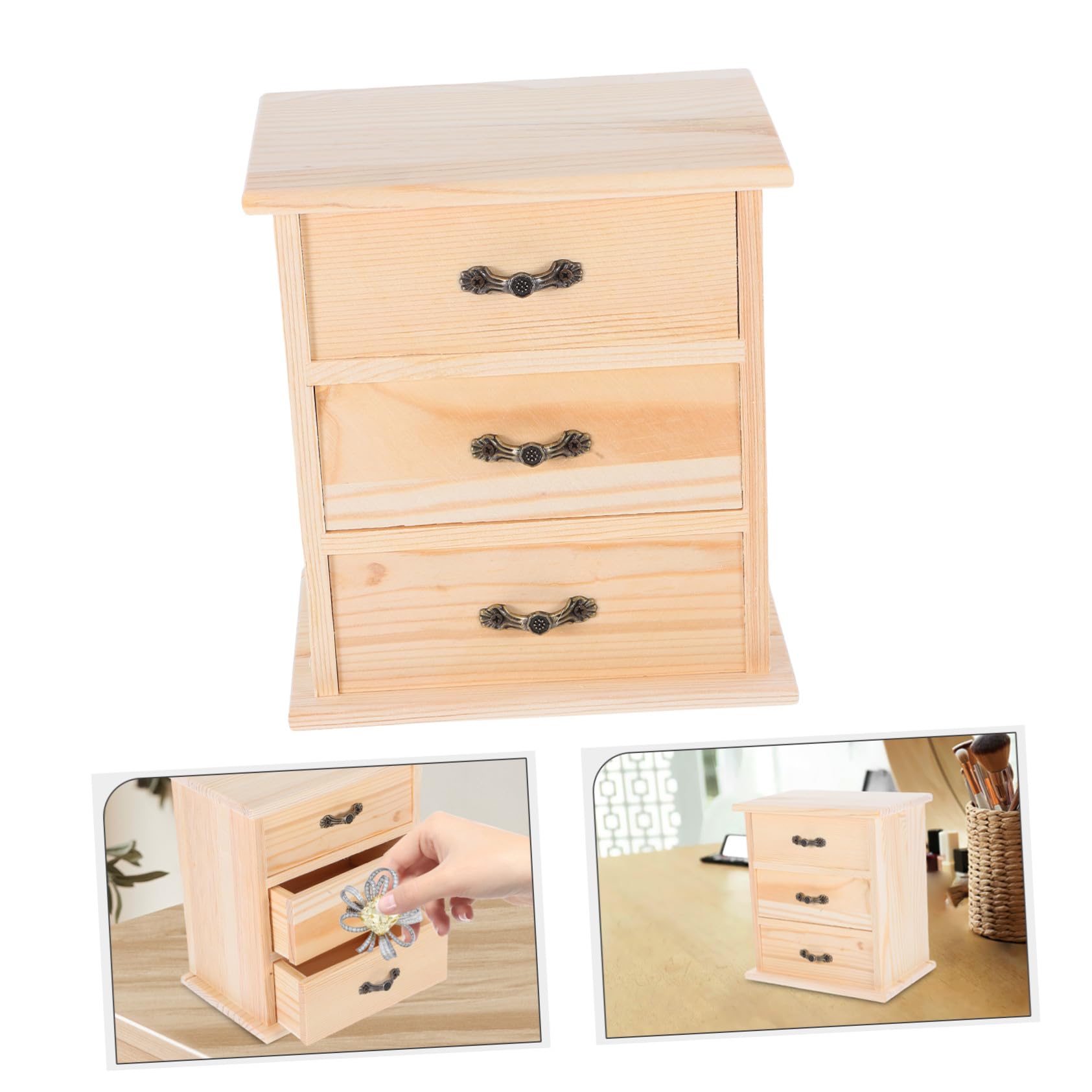 Holz Schreibtisch Organizer mit DREI Schubladen Kleiner Holzschrank für Büro Stilvoller Miniatur Aufbewahrungsbox für Schmuck und Kleinteile Praktischer Schubladen Organizer für
