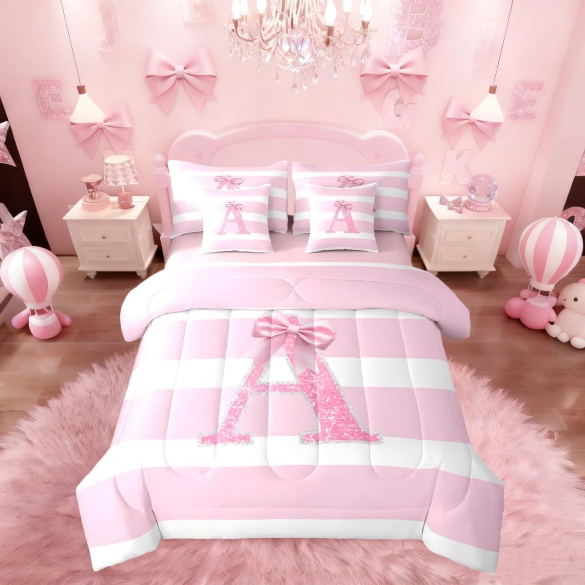 Erosebridal Pink Bow Girls 7 Piece Bedding Set Queen Size Initial Letter A Comforter Sets Glitter Bowknot Sheet Set for Kids Children Women Bedroom Decor Personalized Monogram Stripes Bed in A Bag