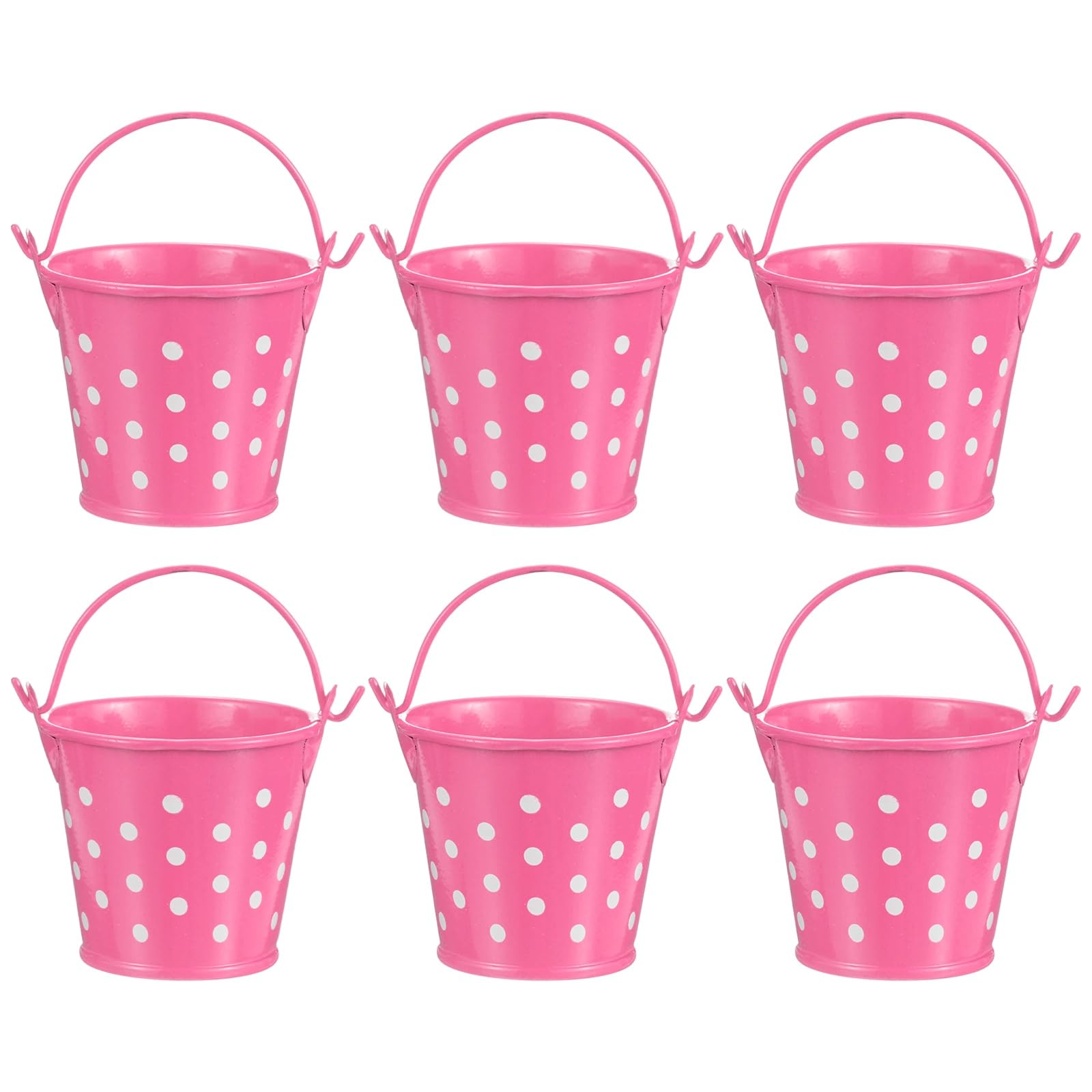 M METERXITY 6-Pack Small Metal Bucket with Handle, 2.4 x 2 Inch Iron Mini Buckets for Farmhouse Flower/Garden Planters/Decorative Table Centerpieces [Polka Dots, Magenta]
