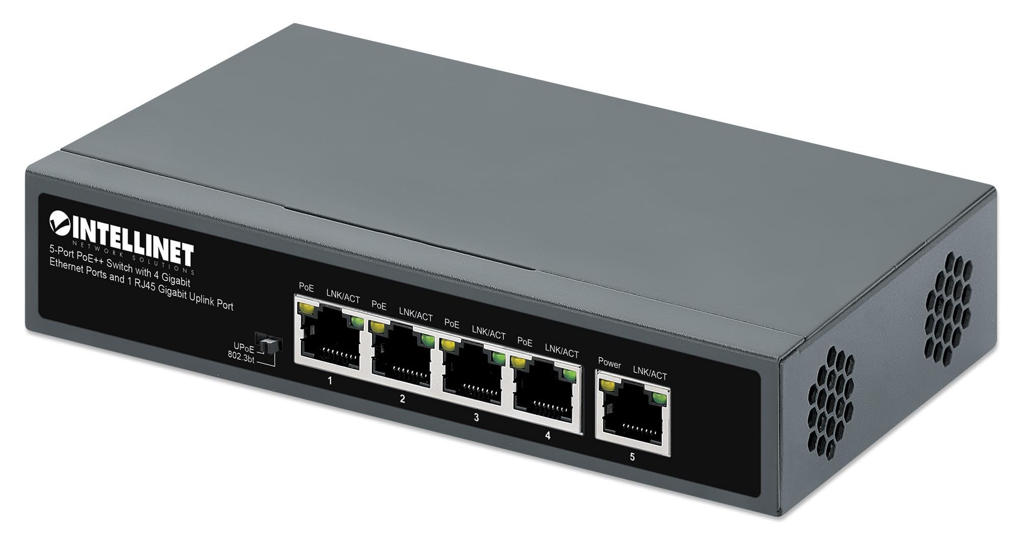 Intellinet 5-Port PoE++ Ethernet Switch with 4 Gigabit Ports & 1 RJ45 Gb Uplink Port-140W Power Budget, Output up to 90W Per Port, Unmanaged, Wall Mountable/Desktop, Fanless, 3 Yr Mfg Warranty–562010