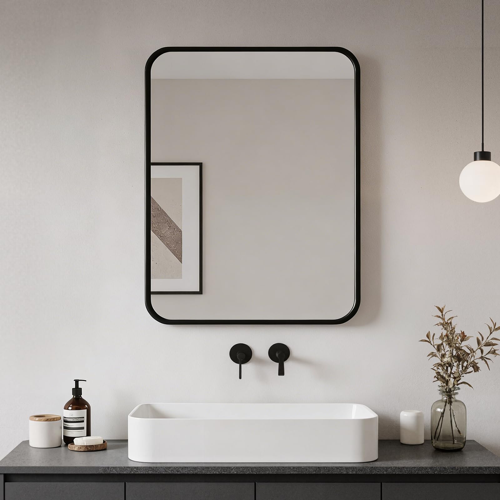 Heilmetz Black Bathroom Mirror 600 x 800mm, Rectangular Curved Frame Mirrors Bathroom Modern Wall Mounted Mirror Hanging Horizontal/Vertical