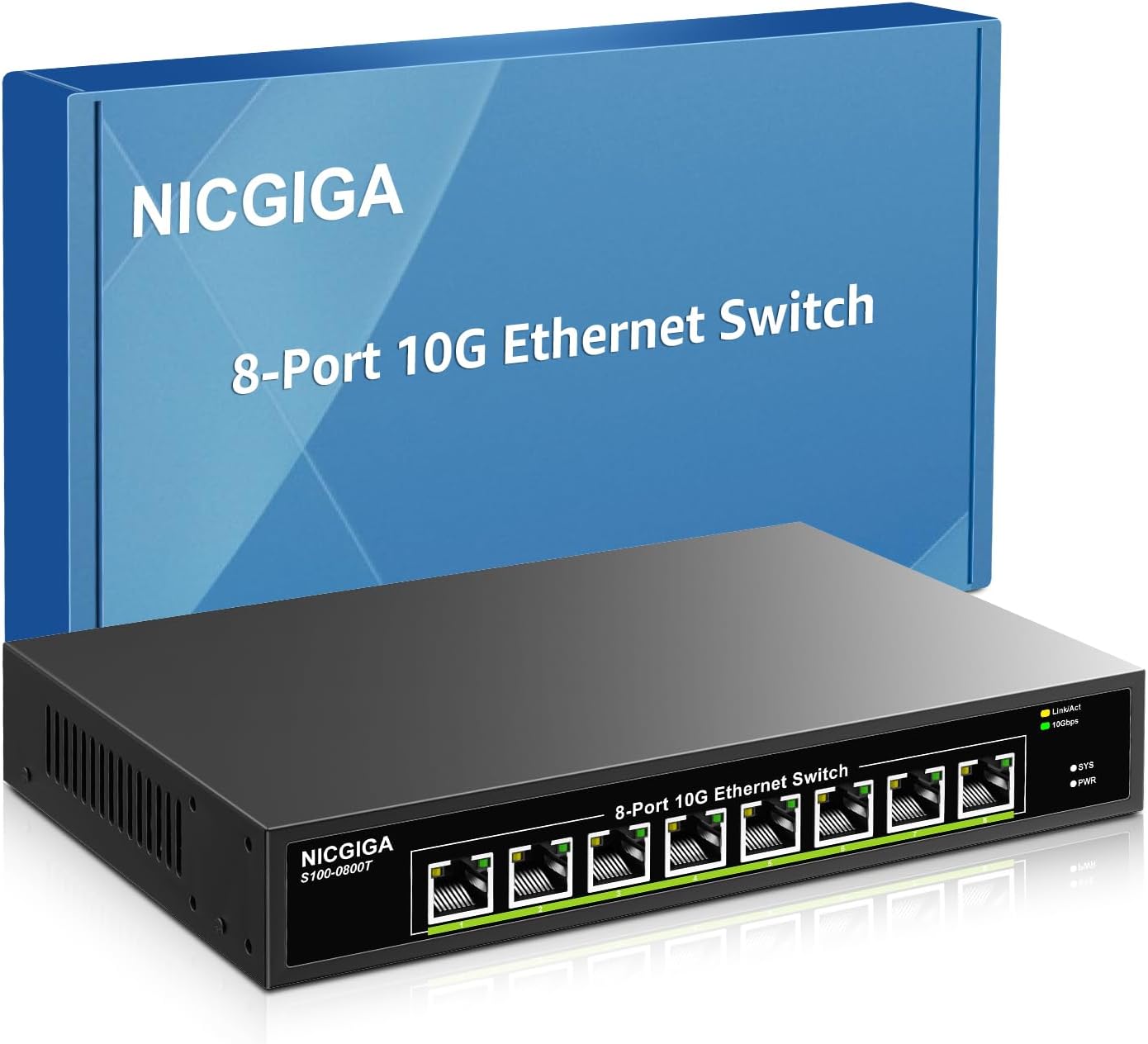 NICGIGA 8 Port 10G Ethernet Switch, 8x 10Gb Base-T Ports, Unmanaged, RJ45, Black Metal Case, Compatible with Desktops, Gaming Consoles, Routers, Printers, Laptops