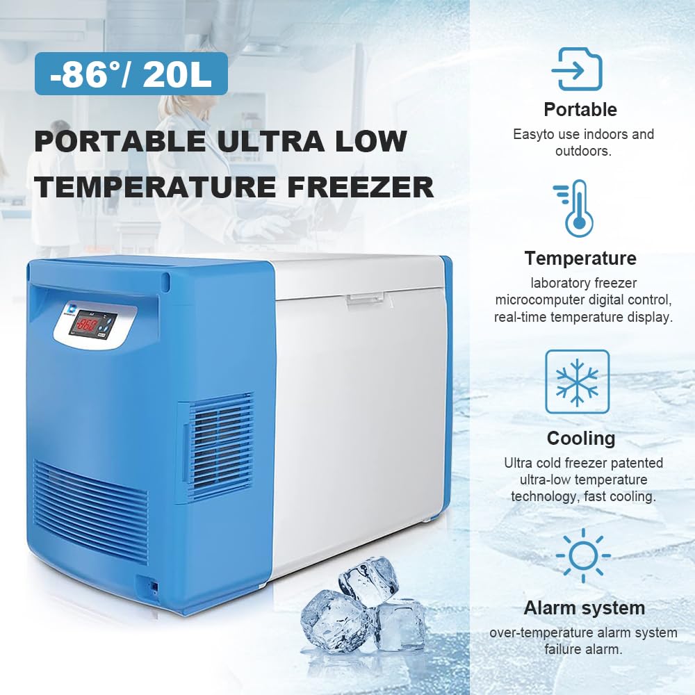 Congelador de Ultra Baja Temperatura -86℃ Ideal para Laboratorio, Uso Médico y Doméstico, 20L, Color Azul – Perfecto para Almacenar Vacunas y Medicamentos （20L）