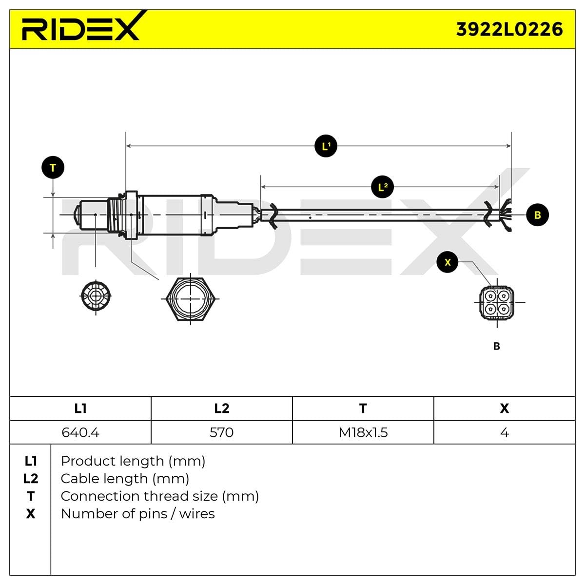 RIDEX 3922L0226 Sonda lambda con connettore a compressione con serracavo senza spina/cappuccio Compatibilità con PEUGEOT 206 2 volumi/Coda spiovente 2A/C
