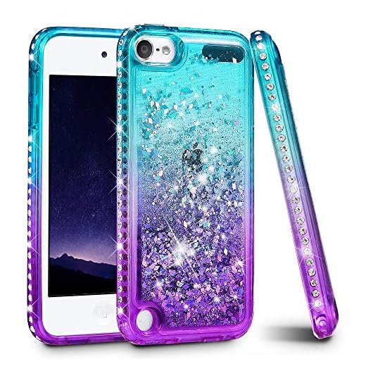 iPod Touch 5 6 7 Case, iPod Touch Case 5th 6th 7th Generation for Girls, Ruky Quicksand Series Glitter Flowing Liquid Floating Bling Diamond Flexible TPU Cute Case for iPod Touch 5 6 7 (Teal Purple)