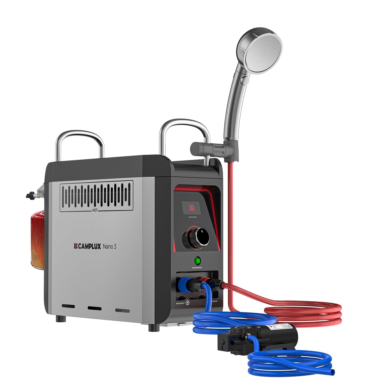 CAMPLUX Nano Gasdurchlauferhitzer mit Wasserpumpe, 3 L/min, Mobile Heißwasserquelle für Wohnmobil, Outdoor & Camping, Nano 3