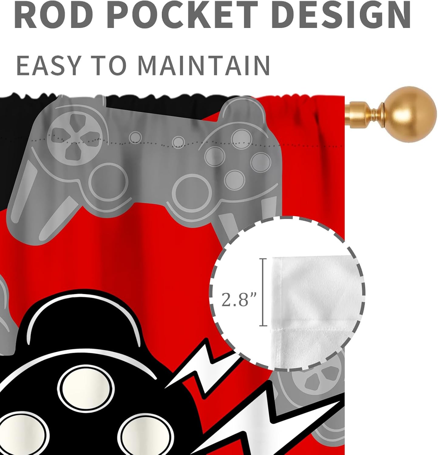 Gaming Curtains for Boys Bedroom, Kids Gamer Room Curtain Teens Black and Red Video Game Controller Window Treatments Drapes for Nursery Living Room Playroom 2 Panels, 52"x84" Inch