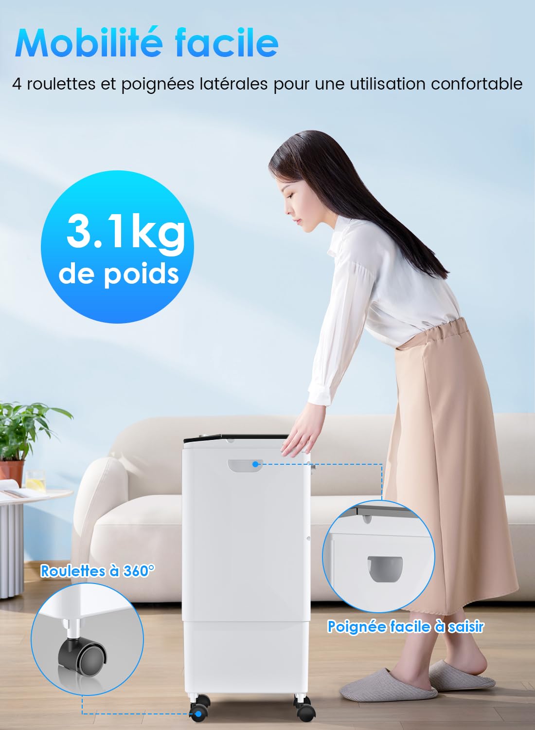 Climatiseur Mobile 3-en-1 Rafraîchisseur d’Air, Réservoir 6L, 3 Blocs Réfrigérants, 60W Économie d’Énergie, 35dB Silencieux, Oscillation 60°, 3 Vitesses, Humidificateur, Ventilateur, Maison, Bureau