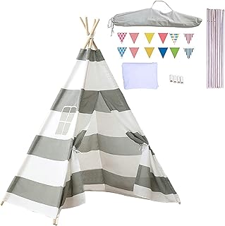 Kids Teepee Play Tent with Storage Bag And Flag with Coloured flag, Carry Bag, 160cm Childrens Teepee Play Tent, Indoor Outdoor Tipi Playhouse, Grey