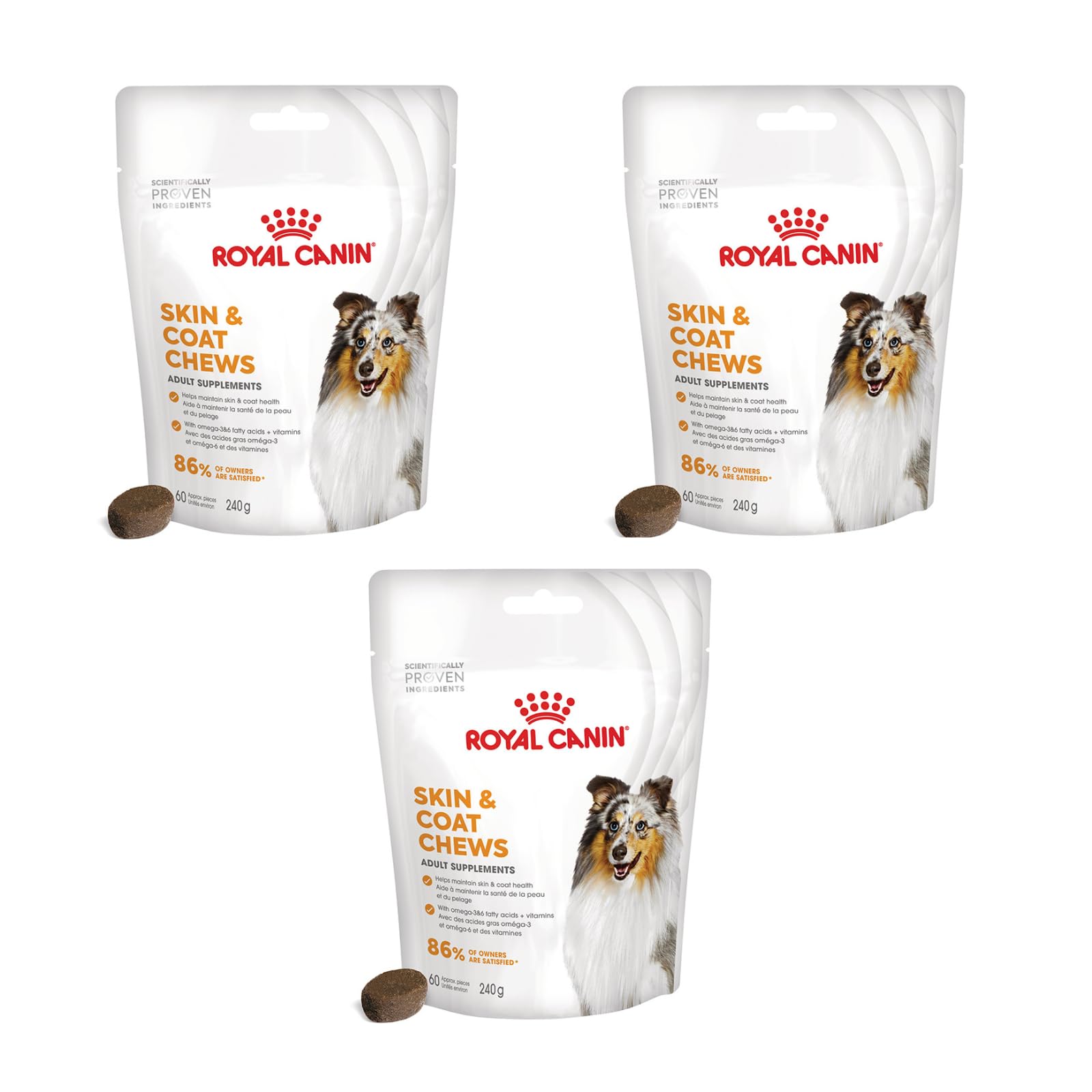 Royal Canin Skin Coat Chews | Pack of 3 | 3 x 240 g | Snacks for Adults Dogs of All Sizes & Breeds | In Resealable Bag | Developing with Veterinarians | With Poultry Protein