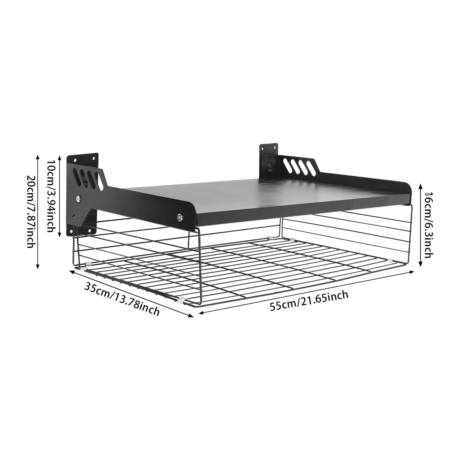 Mikrowellenregal Wandmontage ohne Bohren, 55x35x20cm Kohlenstoffstahl Küchenregal mit 33 lbs Tragfähigkeit, schwarzes Wandregal für Mikrowelle, Toaster, Backzubehör – bohrfreie Montage