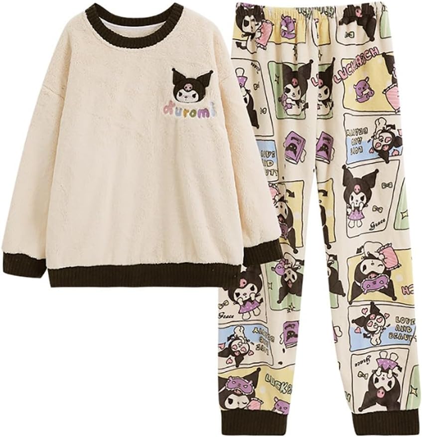 Cartoon Fluffy Pajama Set Petite Women Girls Fleece Pullover Pants 2 Piece Pj Set Long Sleeve Sleepwear Lounge Sets