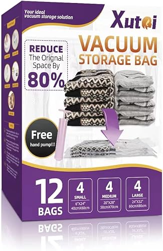 XUTAI Bolsas de almacenamiento al vacío, bolsas ahorradoras de espacio, paquete de 12 (4 grandes, 4 medianas4 pequeñas) para edredones y mantas,