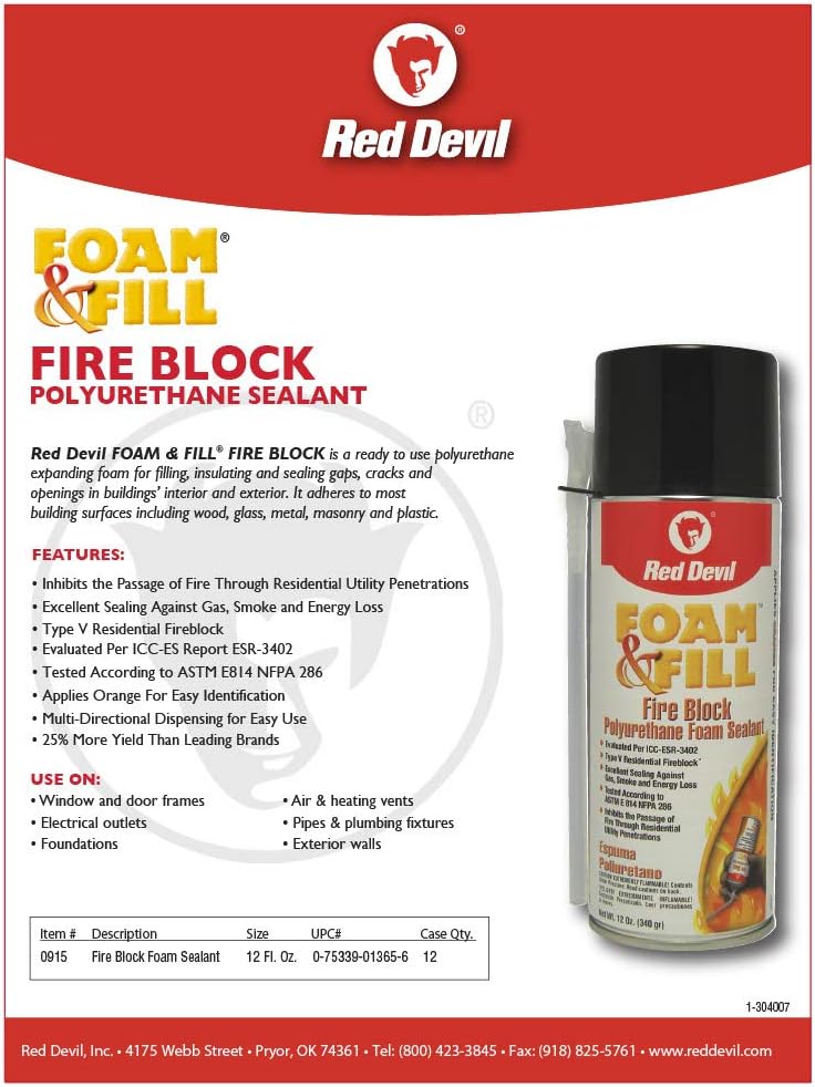 Red Devil 091512 Foam & Fill Fire Block Expanding Polyurethane Foam Sealant, 12 oz, Orange, 12 Pack