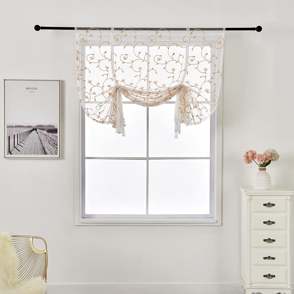 SMITHOOM 1 Piece Roman Curtain Translucent Leaves Embroidered Sheer Curtains with Rod Pocket for Livingroom Bedroom Balcony Kitchen Bathroom, Brown, 120x140cm