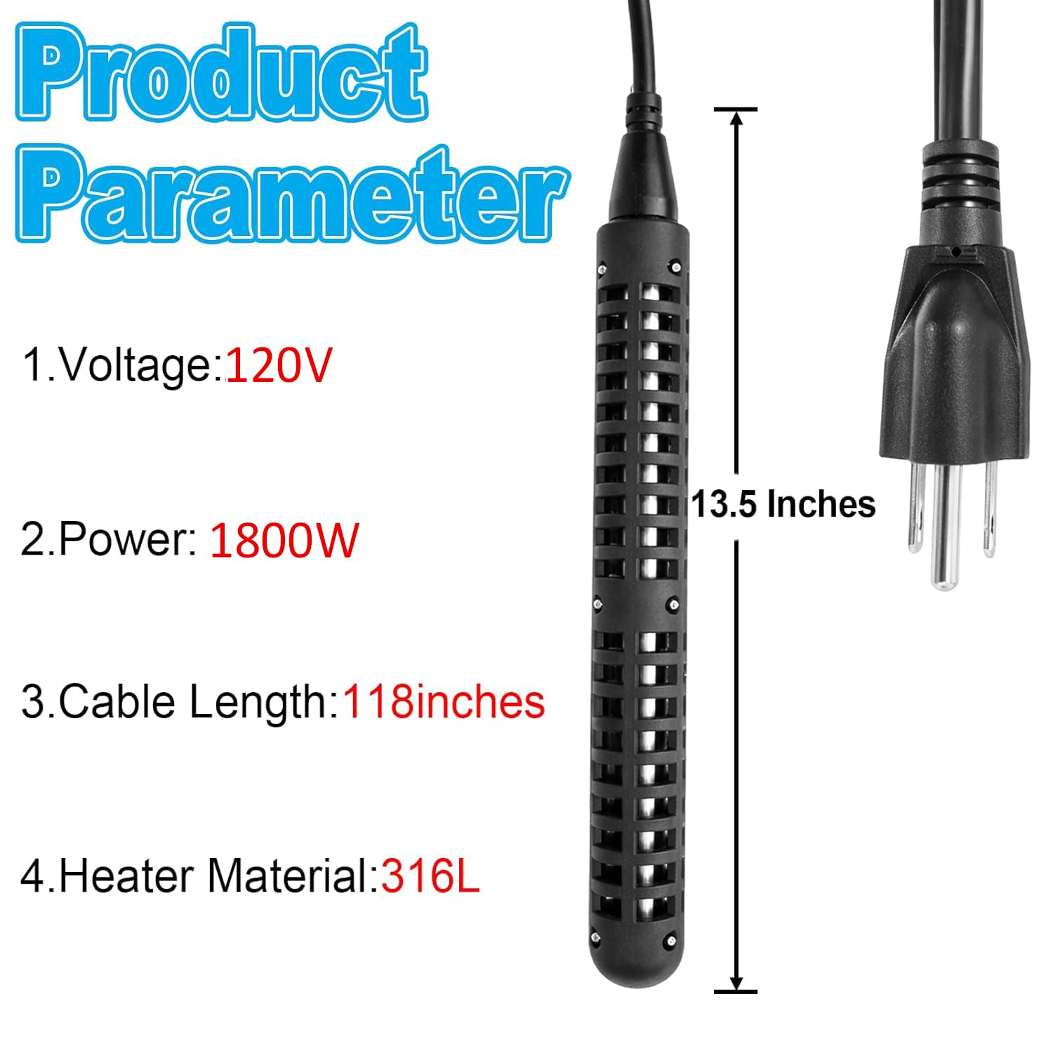 120V 1800W Immersion Water Heater,Submersible Portable Electric Heater GFCI Protected,Stainless Steel 316L with Digital LCD Thermometer for 26 Galons Bucket, Bath Tub,Stock Tank Heater
