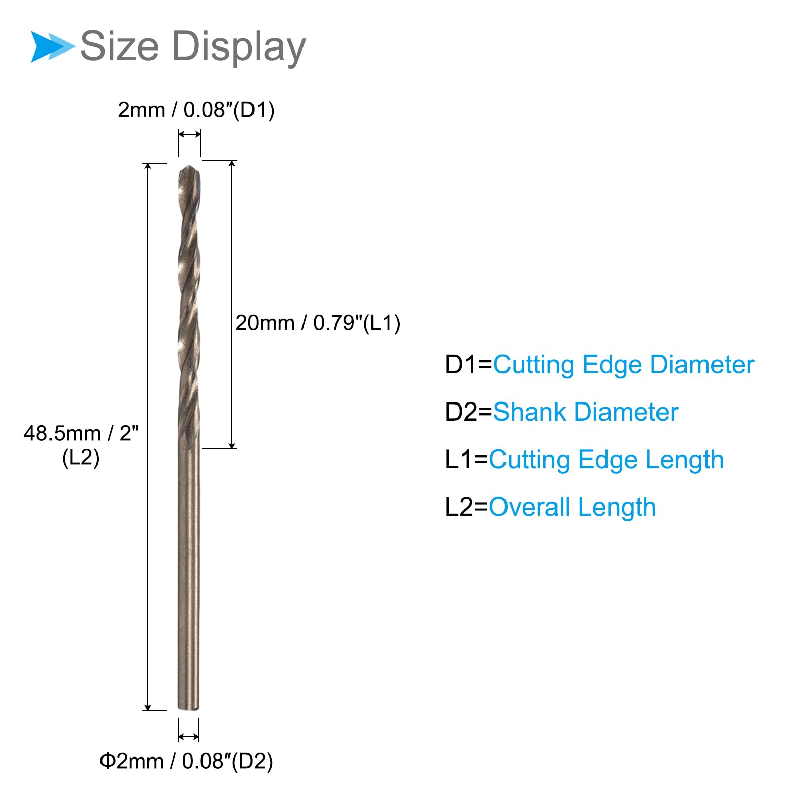 CoCud Twist Drill Bits, 2mm Cutting Edge, Titanium & Nitride Coated High Speed Steel 6542 Round Shank - Image 2