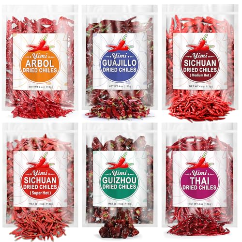 Image of Yimi Dried Chili Peppers 6 Pack Bundle - Arbol, Guajillo, Thai, Sichuan Medium Hot, Sichuan Super Hot, Guizhou, Super Pack of Dry Whole Pepper Chiles (24oz Total), Ideal for Gift