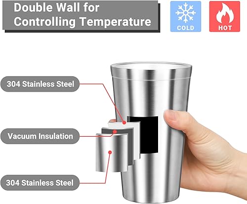 Miniatura 3 de Vasos de acero inoxidable, vaso aislado de 16 onzas, paquete de 4 vasos de agua apilables irrompibles de doble pared, vasos de metal aislados, vasos