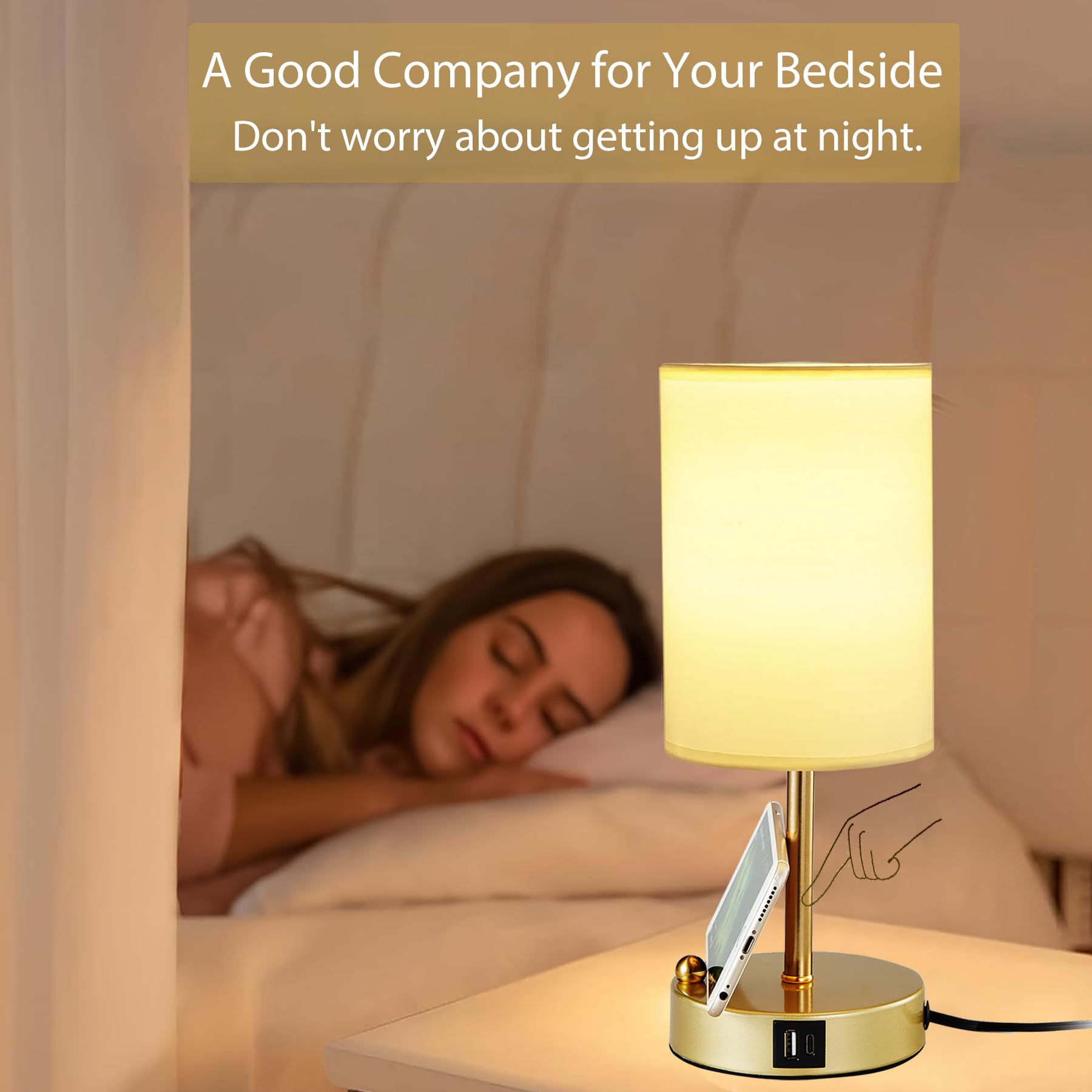 Briever Touch Control Tischlampe für Schlafzimmer, 3 Wege Dimmbare Nachttischlampe mit USB-Ladeanschluss, Nachttischlampe mit goldenem Telefonständer und rundem Leinenstoff für Wohnzimmer