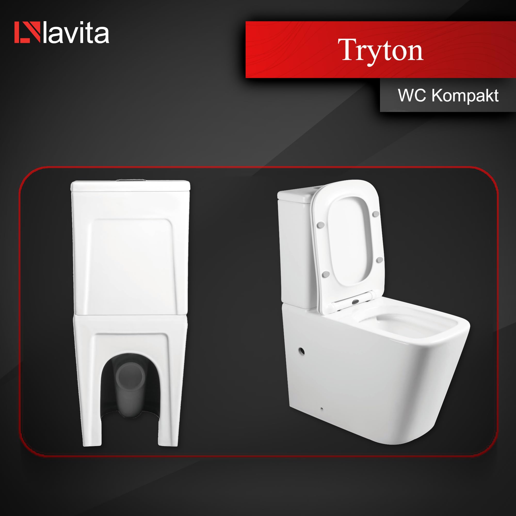 LAVITA TRYTON WC Monobloc Blanc Avec Réservoir De Chasse Intégré, Couvercle à Abaissement Automatique, Céramique Sans Bord, Cuvette Debout