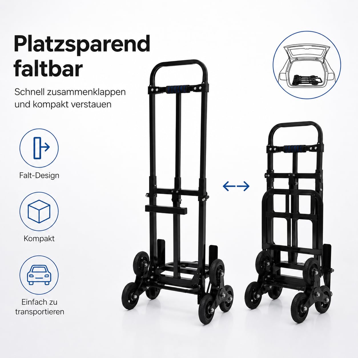Treppensteiger Sackkarre klappbar bis 210kg - Profi Treppensackkarre aus Stahl mit 6 PU-Rädern,Transportkarre höhenverstellbar 73-114,5cm für Umzug & Treppen, Schwarz
