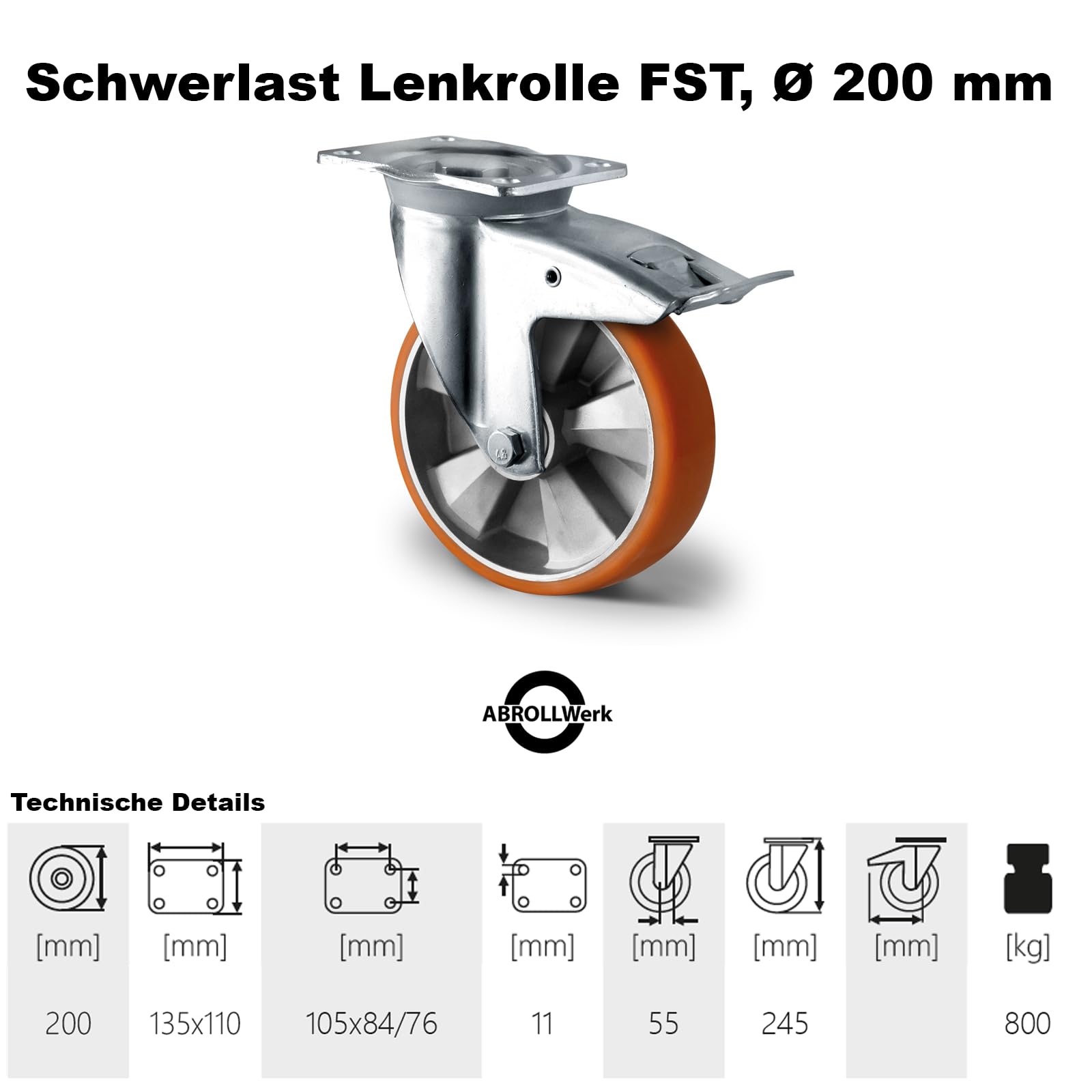 Schwerlast Lenkrolle 200 mm mit Totalfeststeller – Polyurethan & Alu-Radkörper – Industrierolle mit Doppelkugellager – Bodenschonend & Robust – Transportrolle für Werkstatt & Lager